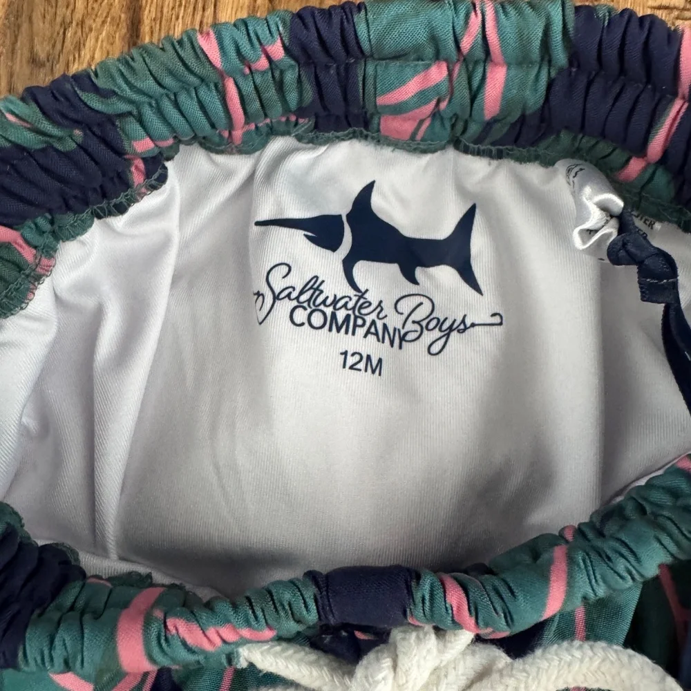 NWT Saltwater Boys Saint Simons Swim Trunks Boys Size 12 Months Navy Palms A‎
